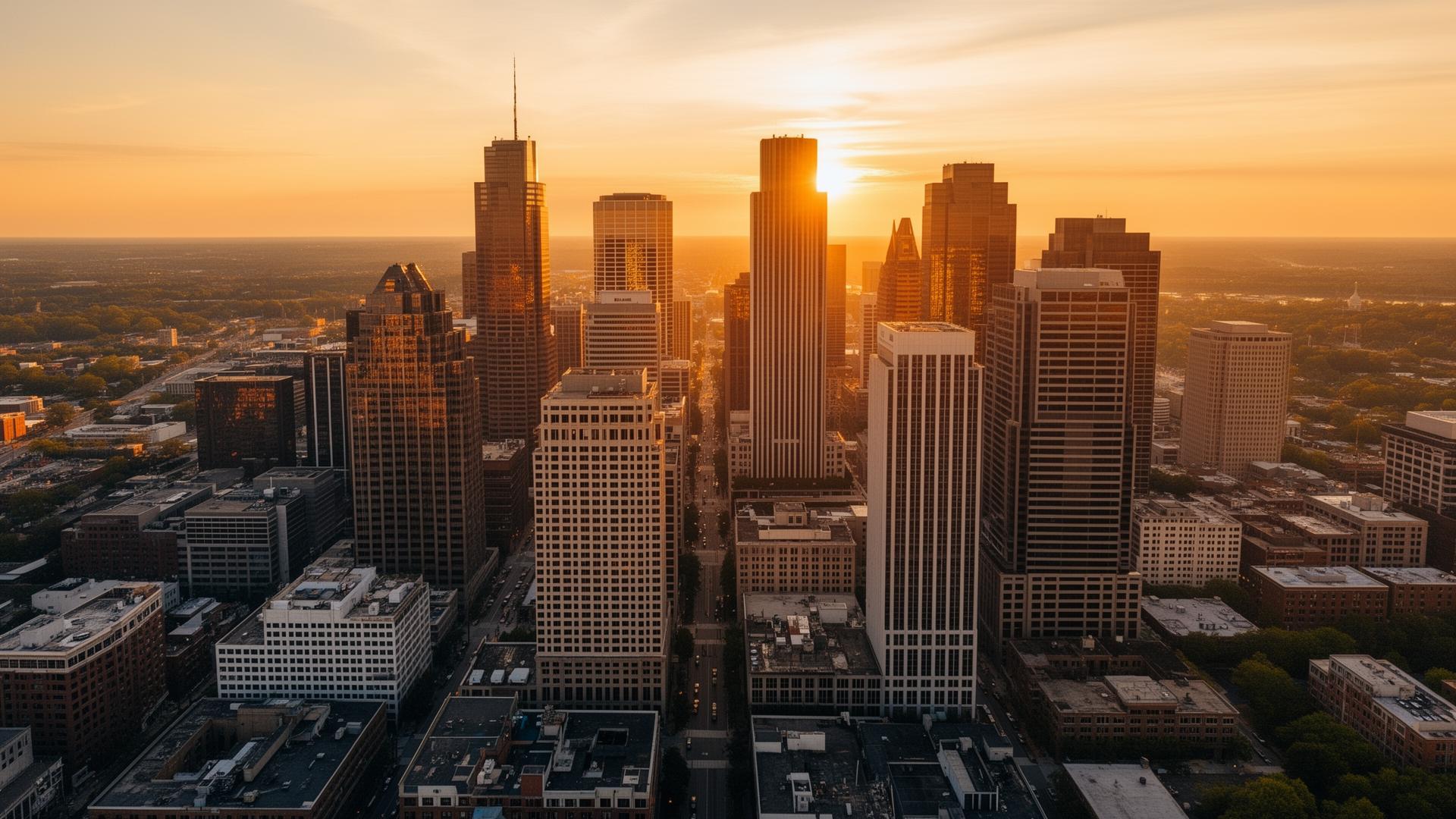 City skyline at sunset